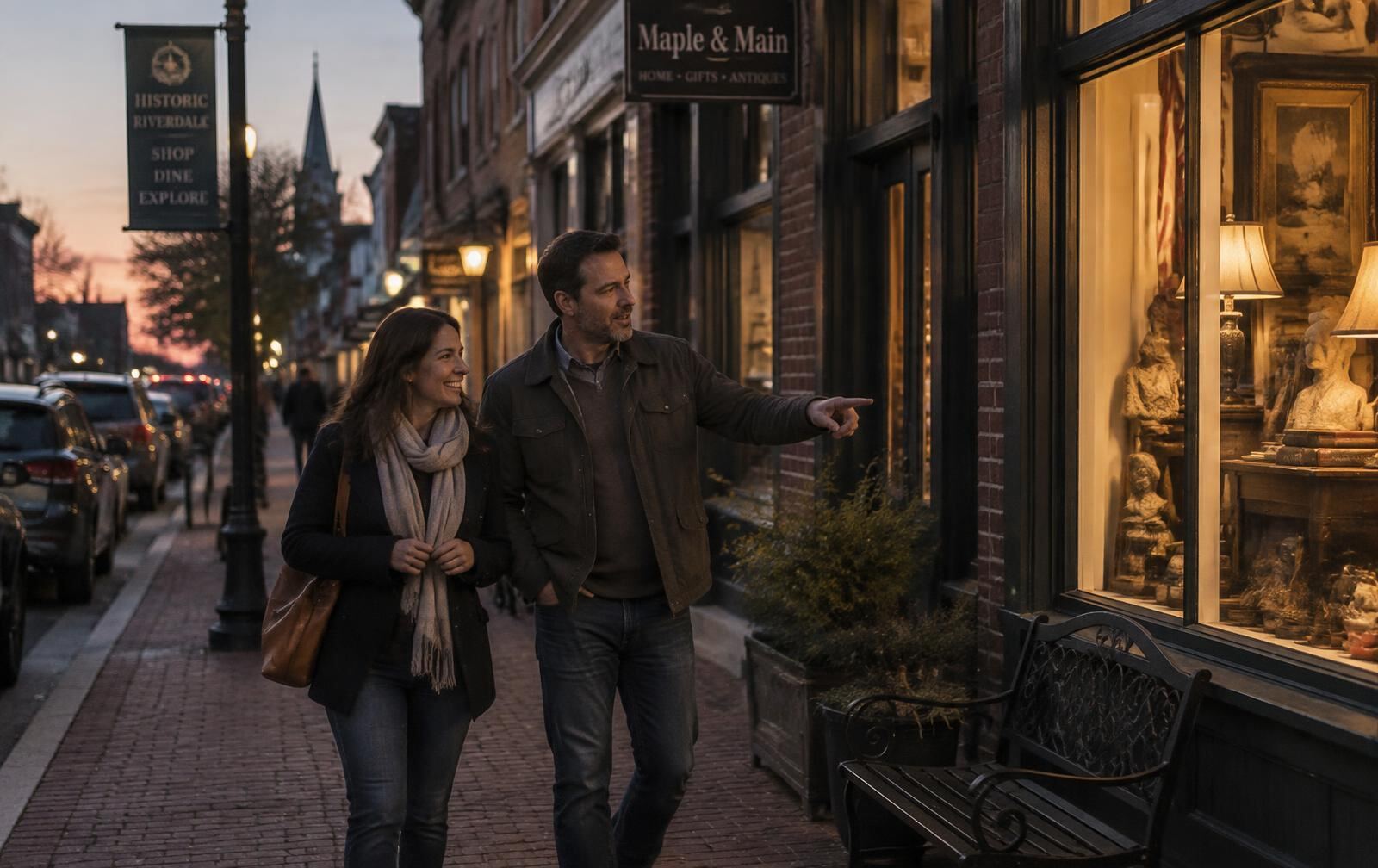 A couple walking a lively historic main street at dusk